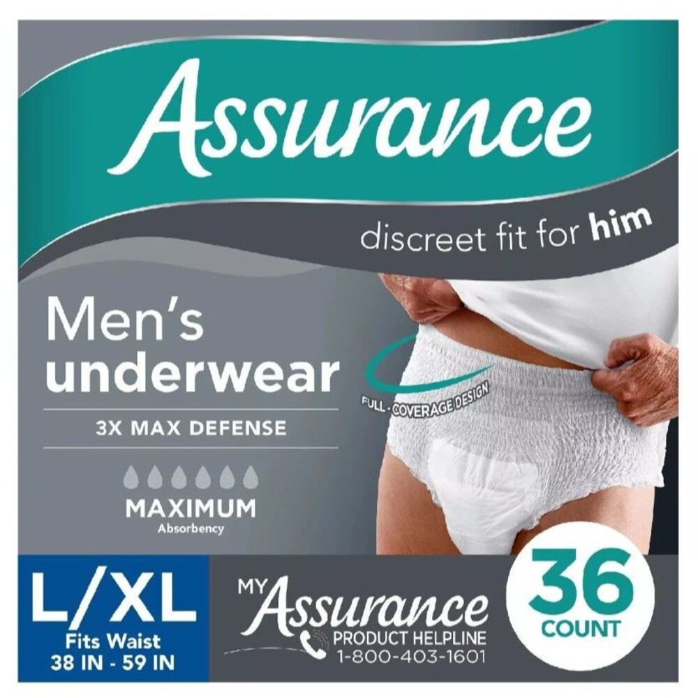 Assurance Mens Underwear 36 Count L/XL Skin Soft Breathable Maximum Absorbency